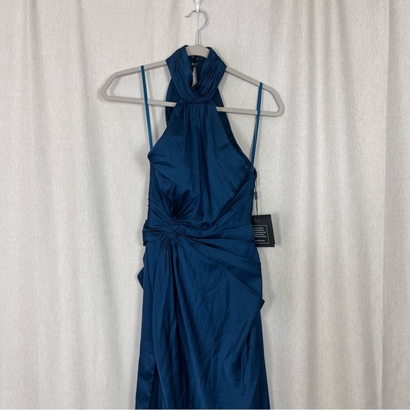 NEW MAC DUGGAL 11642 OPEN BACK HIGH NECK SIDE RUCHED SATIN GOWN Dress Slit Sash - Picture 5 of 16